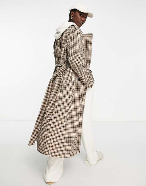 ASOS DESIGN check trench coat in brown