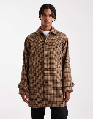 Asos Design Check Wool Look Carcoat In Brown