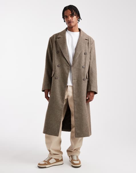 ASOS DESIGN check wool look oversized longline coat in brown - view 1