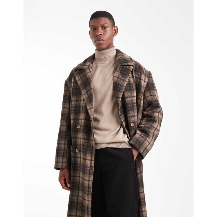 ASOS DESIGN check wool look oversized longline coat in brown | ASOS