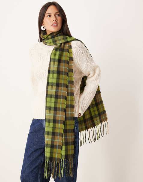 ASOS DESIGN check woven tassel scarf in green - view 1
