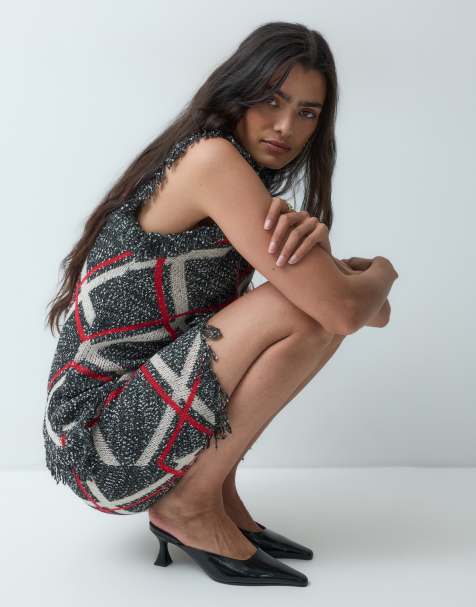 ASOS DESIGN checked fringe mini knitted dress in grey - view 1