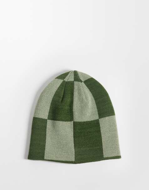 ASOS DESIGN checkerboard and stripe pattern reversible skull beanie in green - view 1