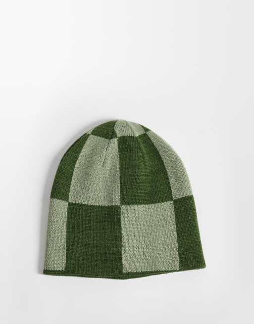 ASOS DESIGN checkerboard and stripe pattern reversible skull beanie in green, 3 of 3