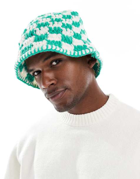 ASOS DESIGN checkerboard crochet bucket hat in white and green - view 1