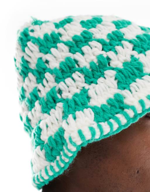 ASOS DESIGN checkerboard crochet bucket hat in white and green, 2 of 3