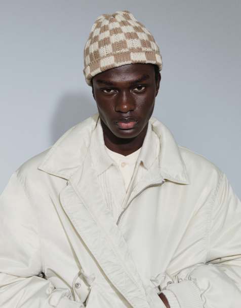 ASOS DESIGN checkerboard crochet skull beanie in neutral - view 1
