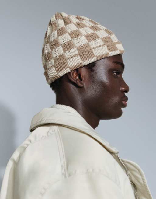 ASOS DESIGN checkerboard crochet skull beanie in neutral, 2 of 4