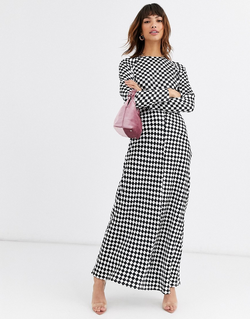 ASOS DESIGN checkerboard maxi dress with long sleeves-Multi