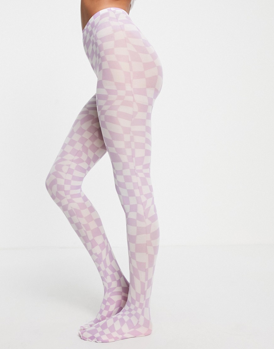 ASOS DESIGN checkerboard printed tights in white and lilac-Multi