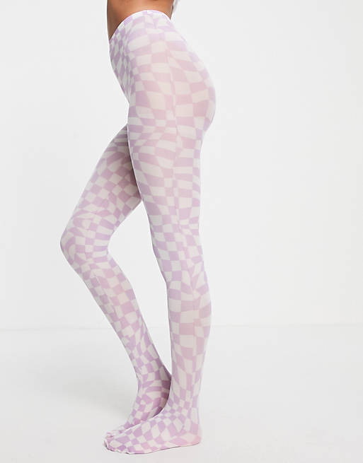 ASOS DESIGN checkerboard printed tights in white and lilac