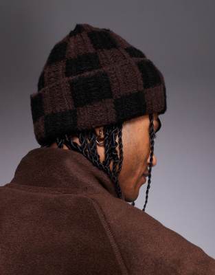 Asos Design Checkerboard Ribbed Beanie In Brown