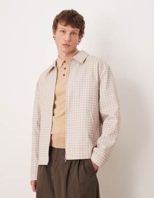 Asos Design Checkered Cotton Jacket In Neutral