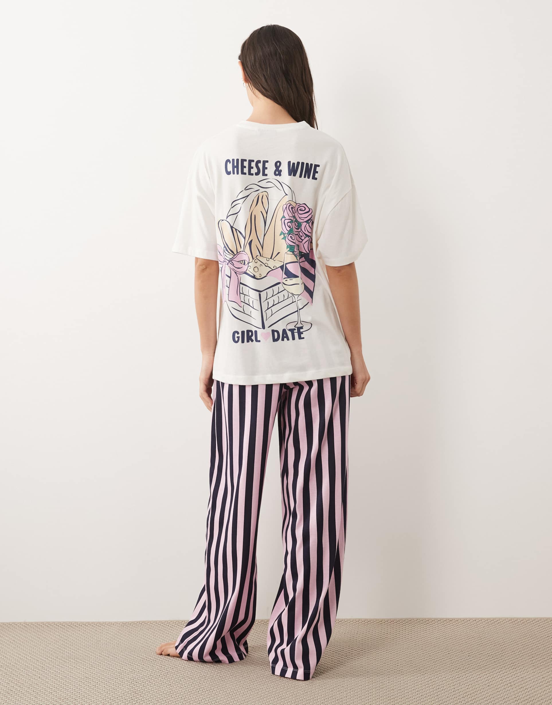 asos design cheese & wine graphic short sleeve top and pants pajama set