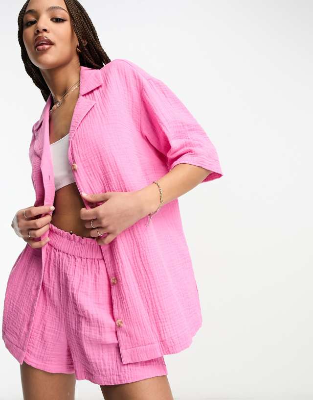 ASOS DESIGN cheesecloth bowling shirt in pink - part of a set