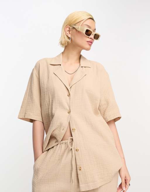 ASOS DESIGN cheesecloth bowling shirt in stone coord ASOS