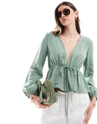 ASOS DESIGN cheesecloth long sleeve cropped smock top with ties in khaki-Green