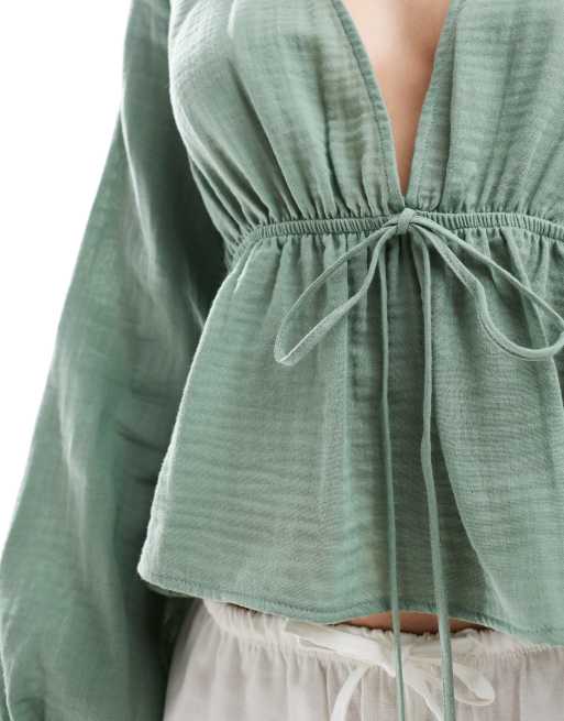 ASOS DESIGN cheesecloth long sleeve cropped smock top with ties in sage