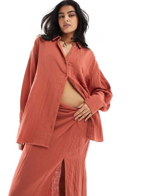 ASOS DESIGN cheesecloth oversized shirt in terracotta (part of a set)
