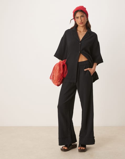ASOS DESIGN cheesecloth pull on trousers co-ord in black - view 1