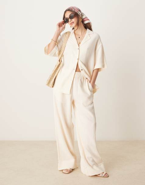 ASOS DESIGN cheesecloth pull on trousers with raw edge detail co-ord in buttermilk