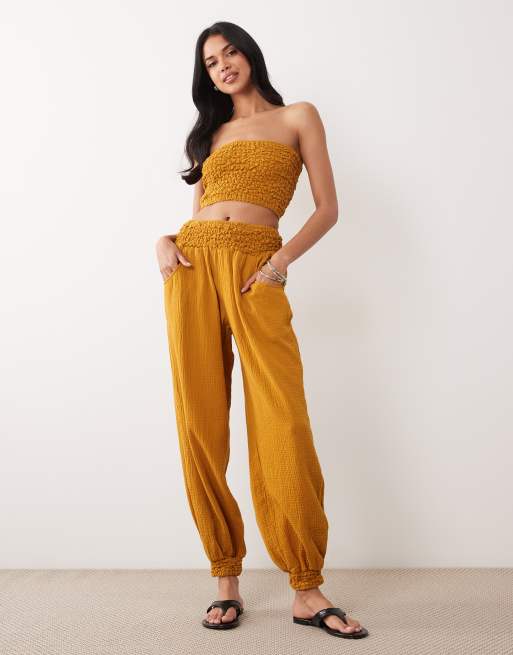 ASOS DESIGN cheesecloth shirred bandeau top in gold, 3 of 4
