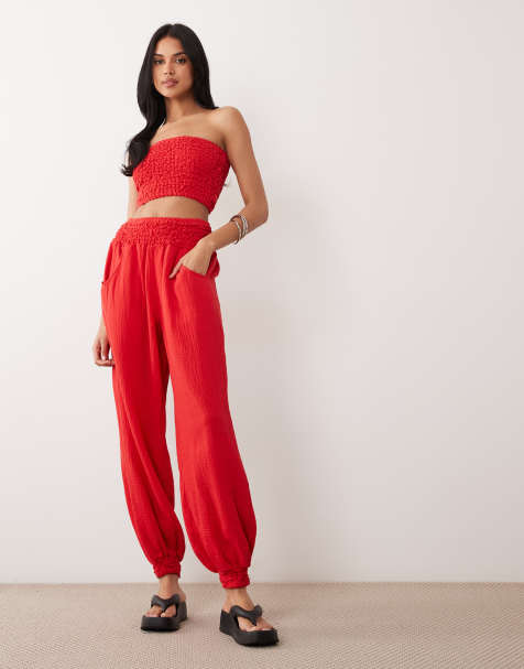 ASOS DESIGN cheesecloth shirred trackies in red - view 1