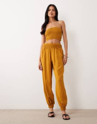 Asos Design Cheesecloth Shirred Waist Balloon Pants In Brown