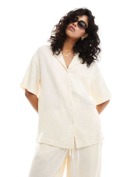 ASOS DESIGN knot front shirt in cheesecloth in mushroom