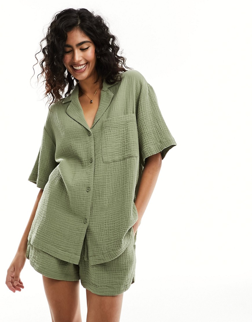 Asos Design Cheesecloth Shirt In Olive-green