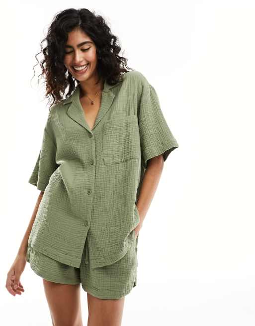 ASOS DESIGN knot front shirt in cheesecloth in mushroom