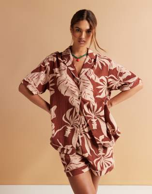 ASOS DESIGN cheesecloth shirt in palm print - part of a set - view 1