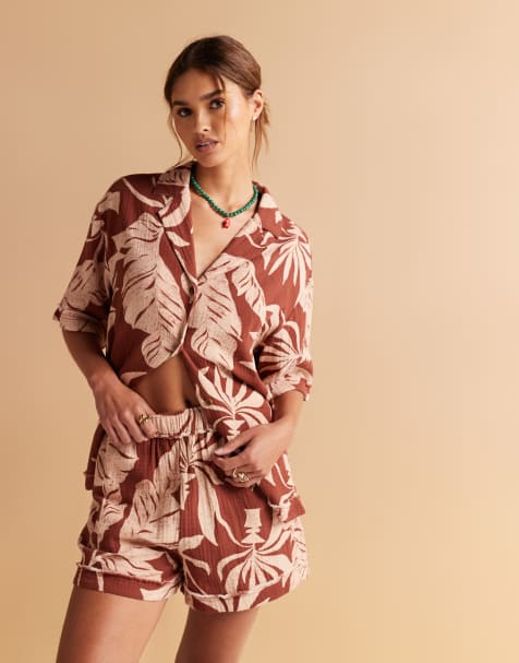 ASOS DESIGN cheesecloth shorts with raw edge detail co-ord in palm print 