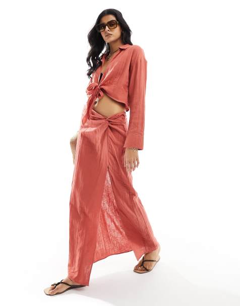 ASOS DESIGN cheesecloth side knot maxi skirt in terracotta (part of a set) - view 1