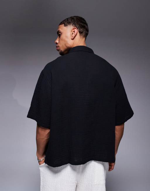 ASOS DESIGN cheesecloth textured regular shirt in black