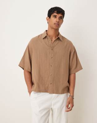 Asos Design Cheesecloth Textured Regular Shirt In Brown