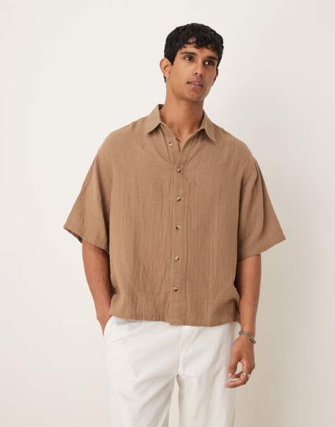 ASOS DESIGN cheesecloth textured regular shirt in brown - view 1