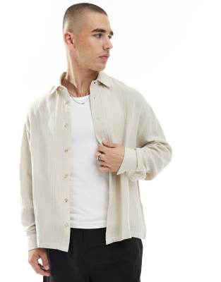ASOS DESIGN cheesecloth textured regular shirt in stone-Neutral