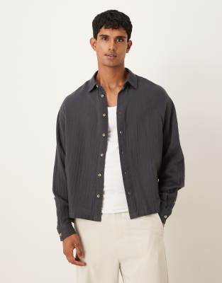 ASOS DESIGN cheesecloth textured shirt in charcoal-Gray