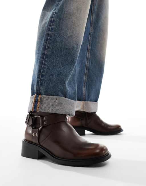 ASOS DESIGN Chelsea biker boots in brown with buckles