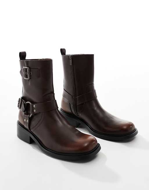 ASOS DESIGN Chelsea biker boots in brown with buckles ASOS