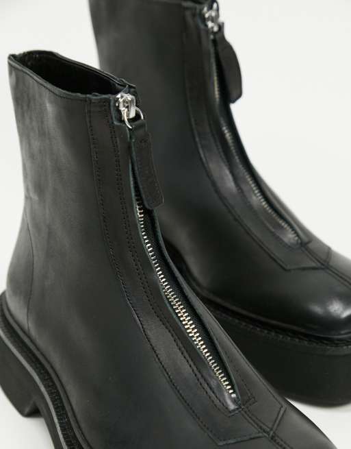 ASOS DESIGN chelsea boot in black leather with front zip detail on chunky sole