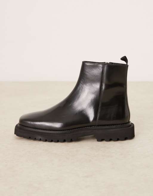 ASOS DESIGN chelsea boots in black hi shine leather ASOS