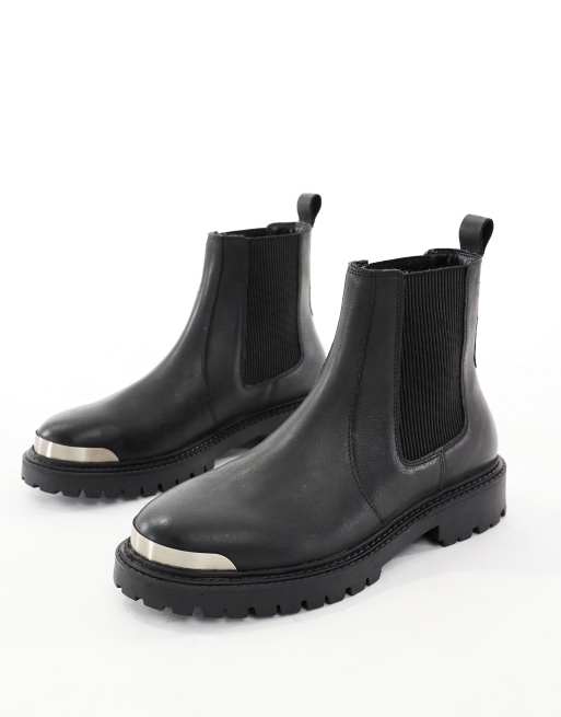 ASOS DESIGN chelsea boots in black leather with metal toe cap