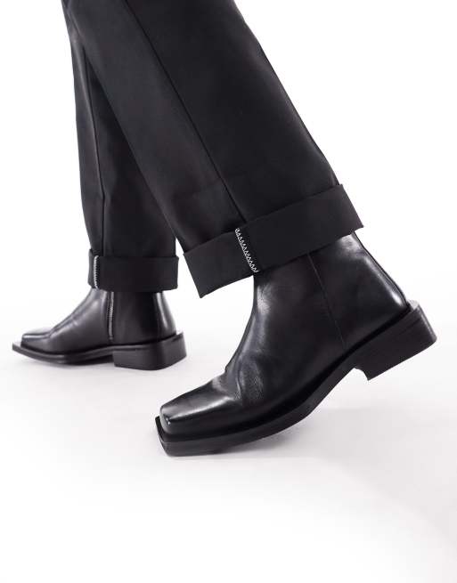 ASOS DESIGN chelsea boots in black polish leather with angled sole