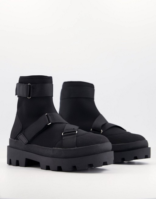 ASOS DESIGN chelsea boots in black scuba with strapping and chunky sole