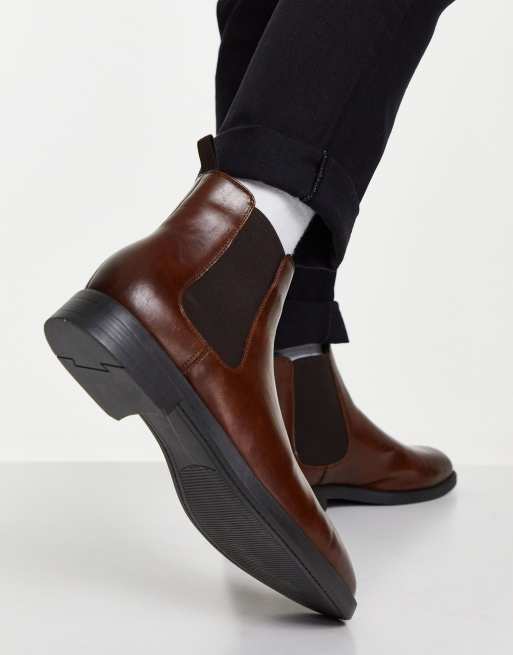 ASOS DESIGN chelsea boots in brown faux leather with black sole