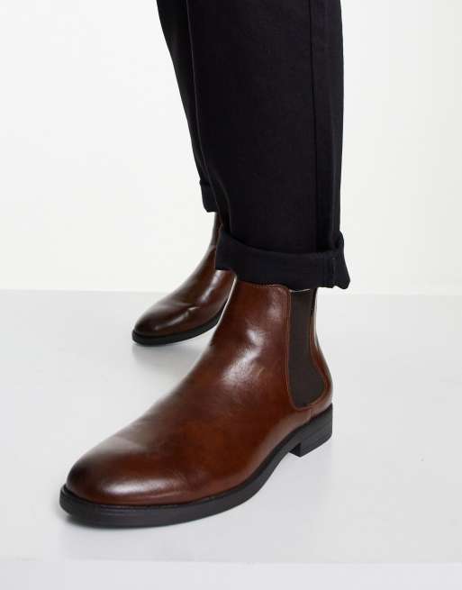 ASOS DESIGN chelsea boots in brown faux with black sole ASOS