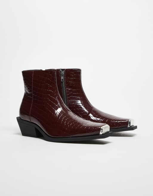 ASOS DESIGN chelsea boots in burgundy faux crocodile with cuban heel, 2 of 4