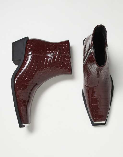 ASOS DESIGN chelsea boots in burgundy faux crocodile with cuban heel, 3 of 4